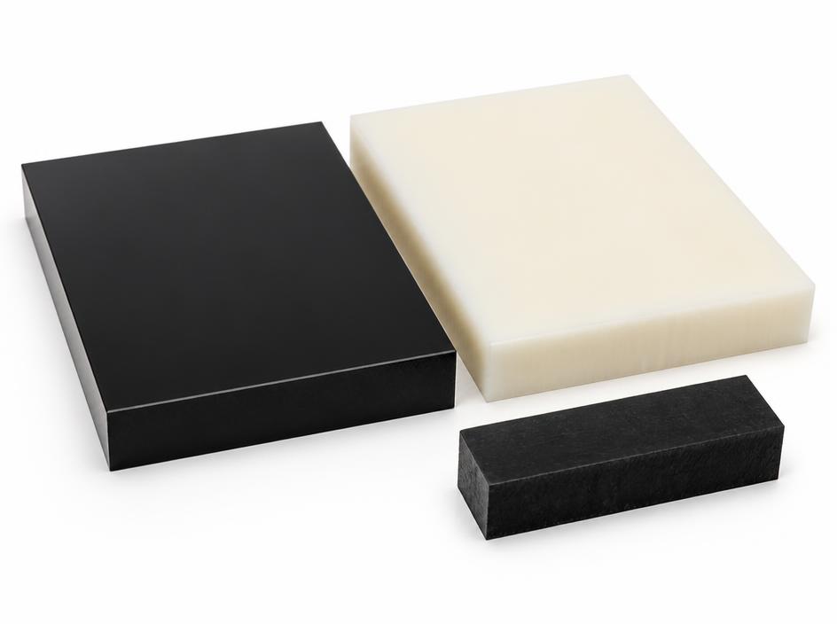 Black acetal and natural nylon engineering plastic sheet stock with machined edges