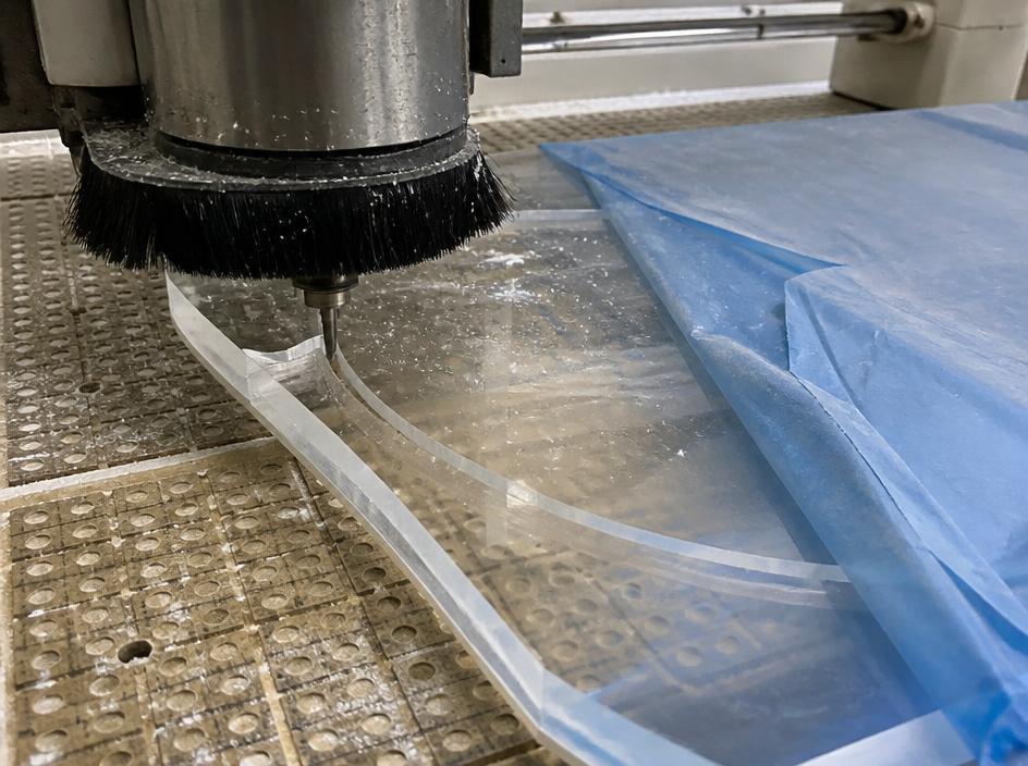 CNC router cutting a clear acrylic sheet with blue masking film in a plastics fabrication workshop