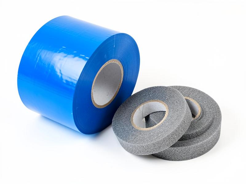 Blue low-tack protective film roll beside grey double-sided foam tape rolls