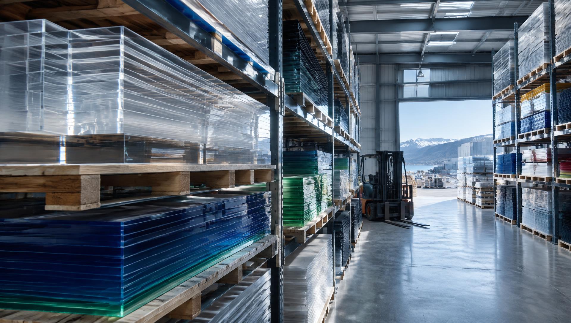 Racking of clear and coloured acrylic sheet stock in a New Zealand plastics warehouse